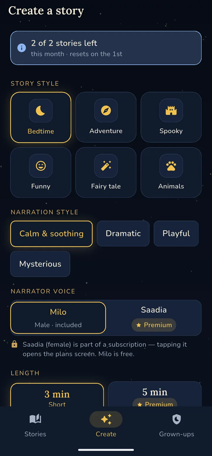 The Create a story screen with illustrated story style tiles, narration style chips, narrator voice choices, and story length presets