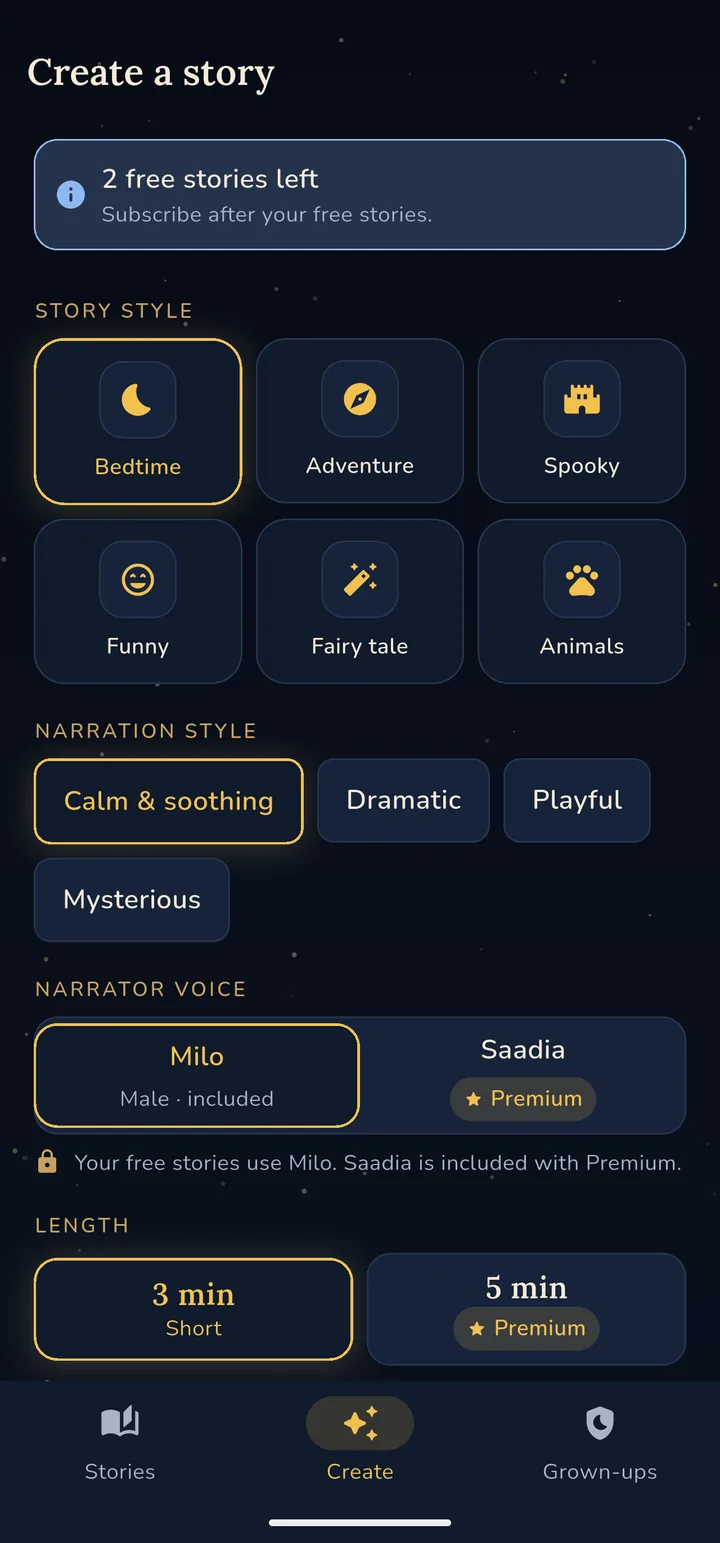 The Create a story screen with illustrated story style tiles, narration style chips, narrator voice choices, and story length presets