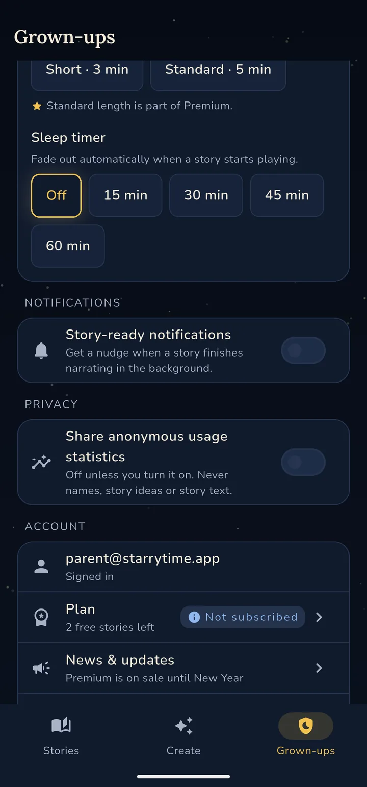 The Grown-ups screen with story length defaults, a story-ready notifications toggle, and account details showing the plan