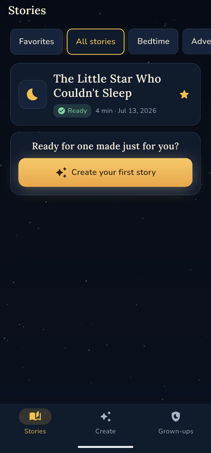 The Stories library with a story card titled “The Little Star Who Couldn't Sleep”, a Ready badge, filters, and a golden Create your first story button