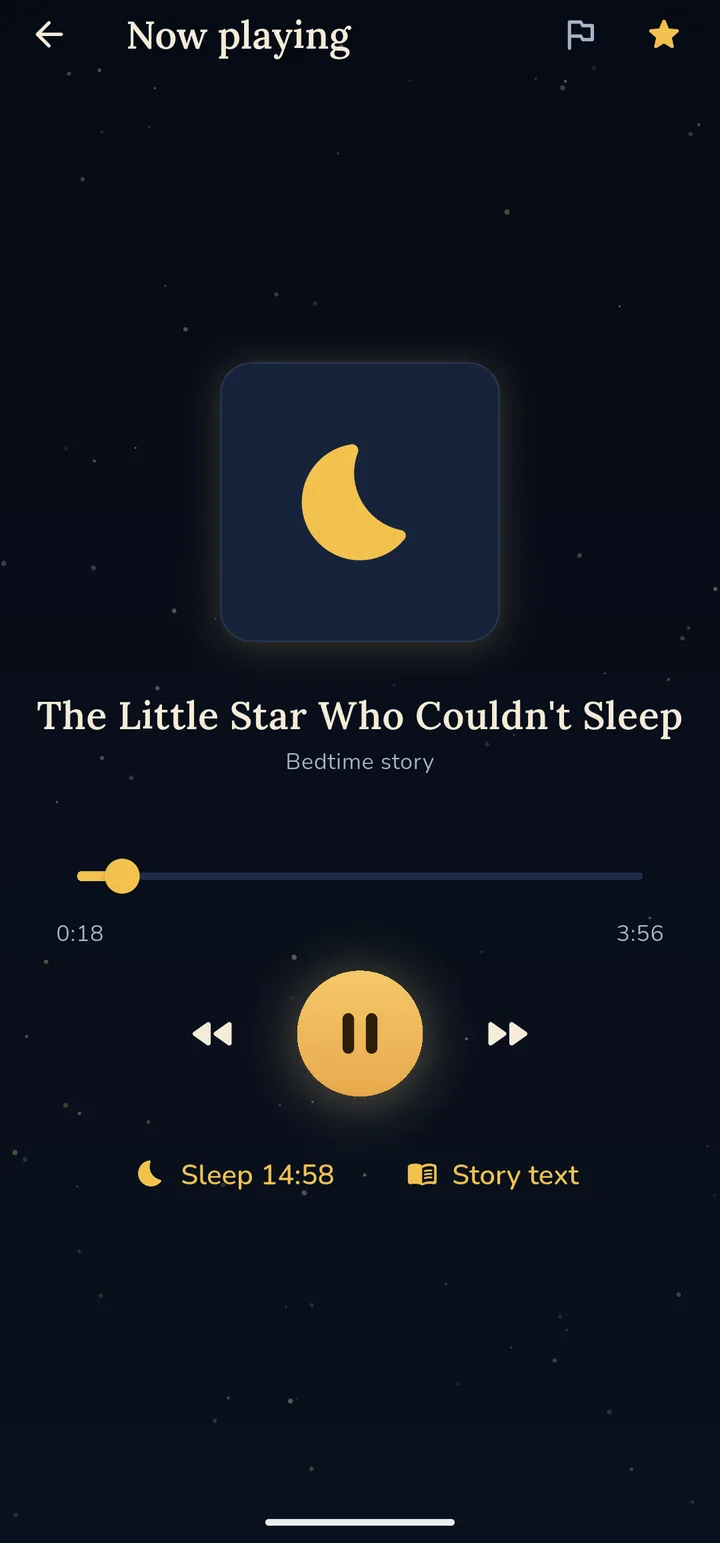 The story player with a sleep timer counting down from 15 minutes while the story plays
