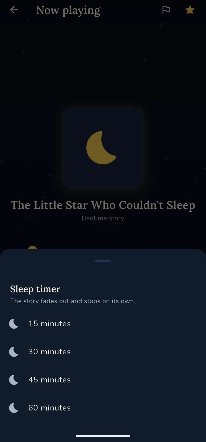 The sleep timer sheet offering 15, 30, 45 or 60 minutes, with the caption “The story fades out and stops on its own”